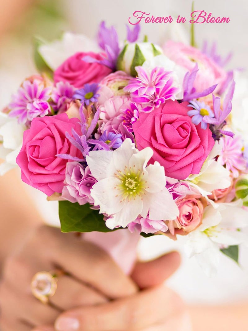 MACTING Artificial Flower Roses 30PCS Real Touch Fake Spring Flowers with Stem Foam Roses for Wedding DIY Bouquets Table Centerpieces Party Bridal Shower Home Valentines Day Decorations(Fuchsia) - Image 2